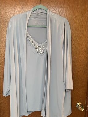 Susan Graver pale gray embellished V-neck cardigan and cami set